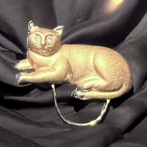 Vintage Cat Rhinestone Eyes Brushed Gold Tone Brooch